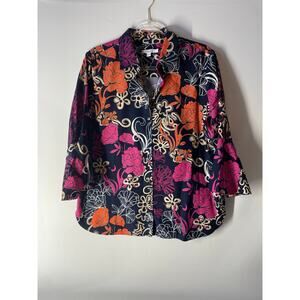 Chico's Black Colorful Floral Print Bell Sleeve Button Down Shirt Blouse 2 US 12